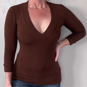 Vol. 1 Brown Deep V-Neck 3/4 Sleeve Top